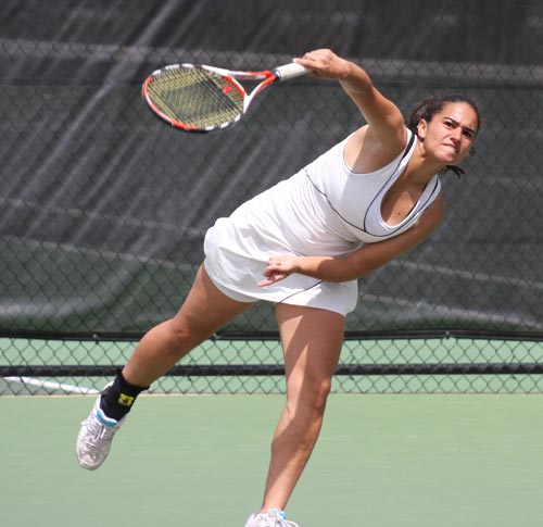 Marcela Santos serves at the TranSouth Conference Tournament.  She is 11-1 on the year.